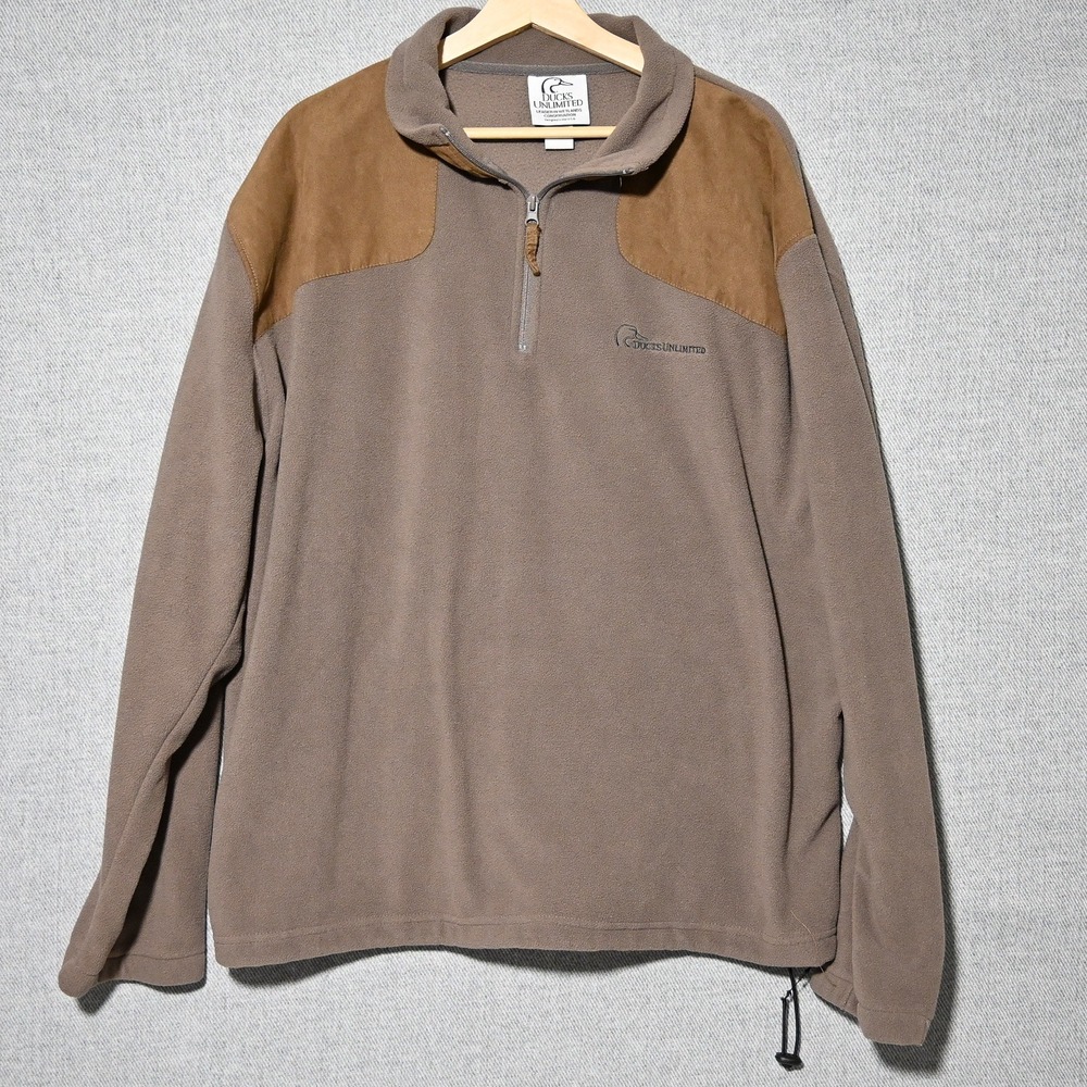 Ducks Unlimited Fleece Pullover Mens Faux Suede Patch 2X Taupe Brown
